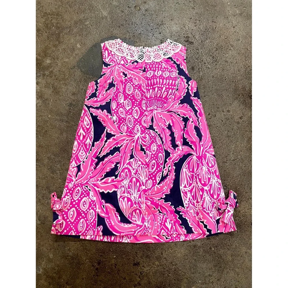 Lilly Pulitzer Shift Dress Girls 3 Multicolor‎ Pineapple Lace Collar Back Zip